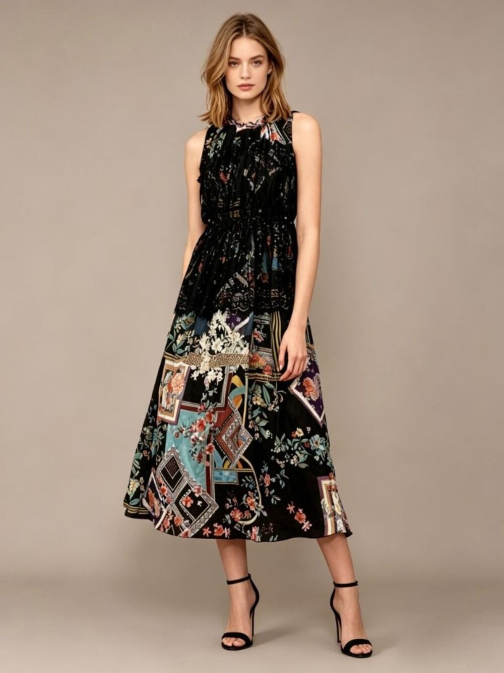 NWOT $350 Johnny Was Floral Lace Sleeveless Midi Dress Size XS Multicolor
